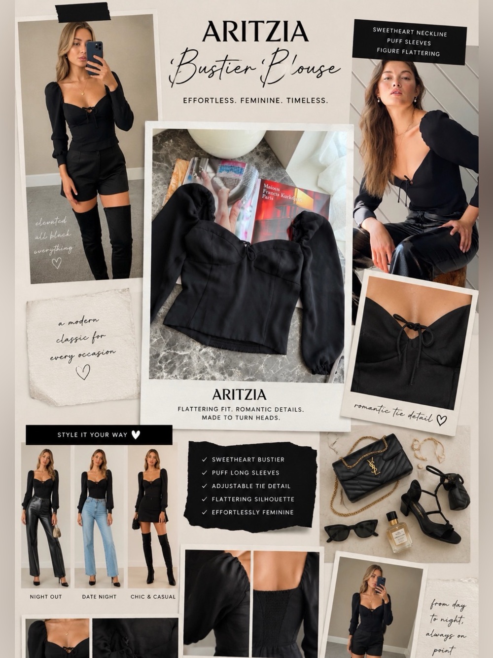 Aritzia Wilfred novella blouse Black Puff Sleeve Sweetheart Neck Women Top